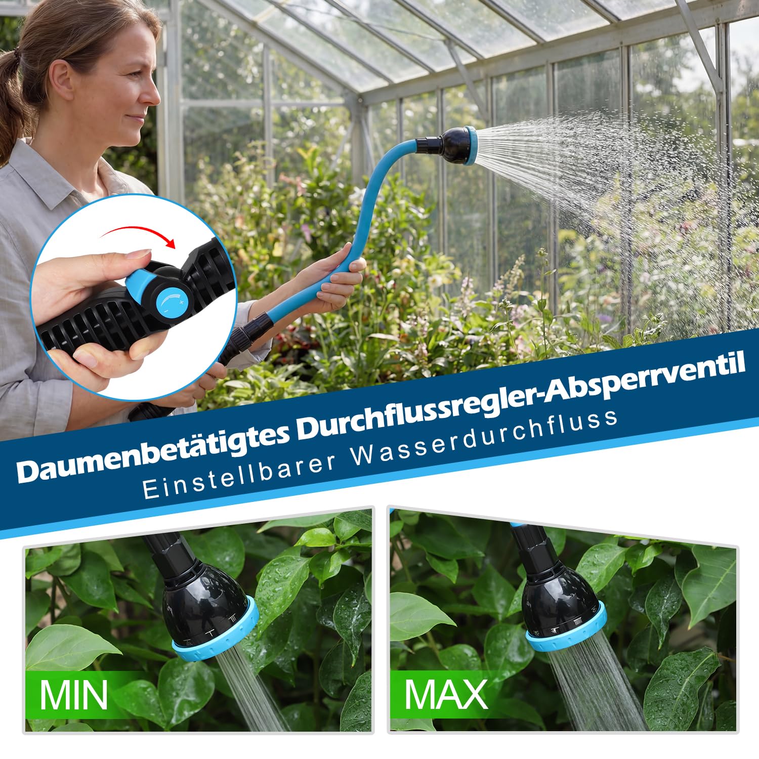 PRAOAHEI Garten Gießstab, 73cm Lang Biegsam Gartenbrause mit 360° Schwenkkopf, 10 Sprühmustern Kopf mit Sanfte Dusche und Durchflusskontrolle für Blumenampeln und Sträucher, Pflanzen, Blau