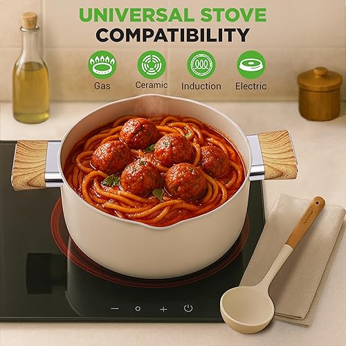 Miniatura 2 de NutriChef Juego de utensilios de cocina de cerámica antiadherente de 14 piezas, ollas y sartenes seguras para inducción con tapas de vidrio, asas de