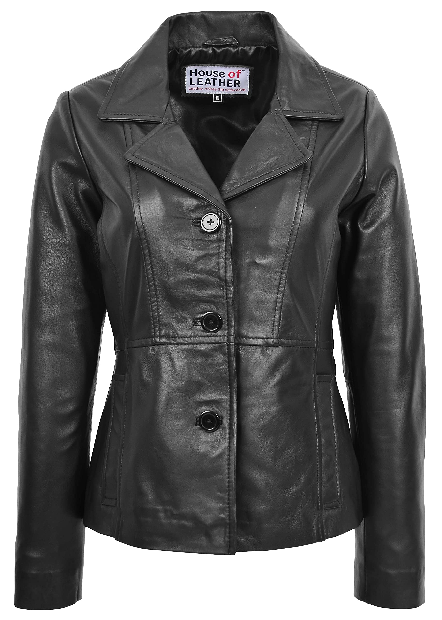 House Of Leather Women's Black Real Leather Blazer Classic Button Fastening Jacket Ruth (14, )
