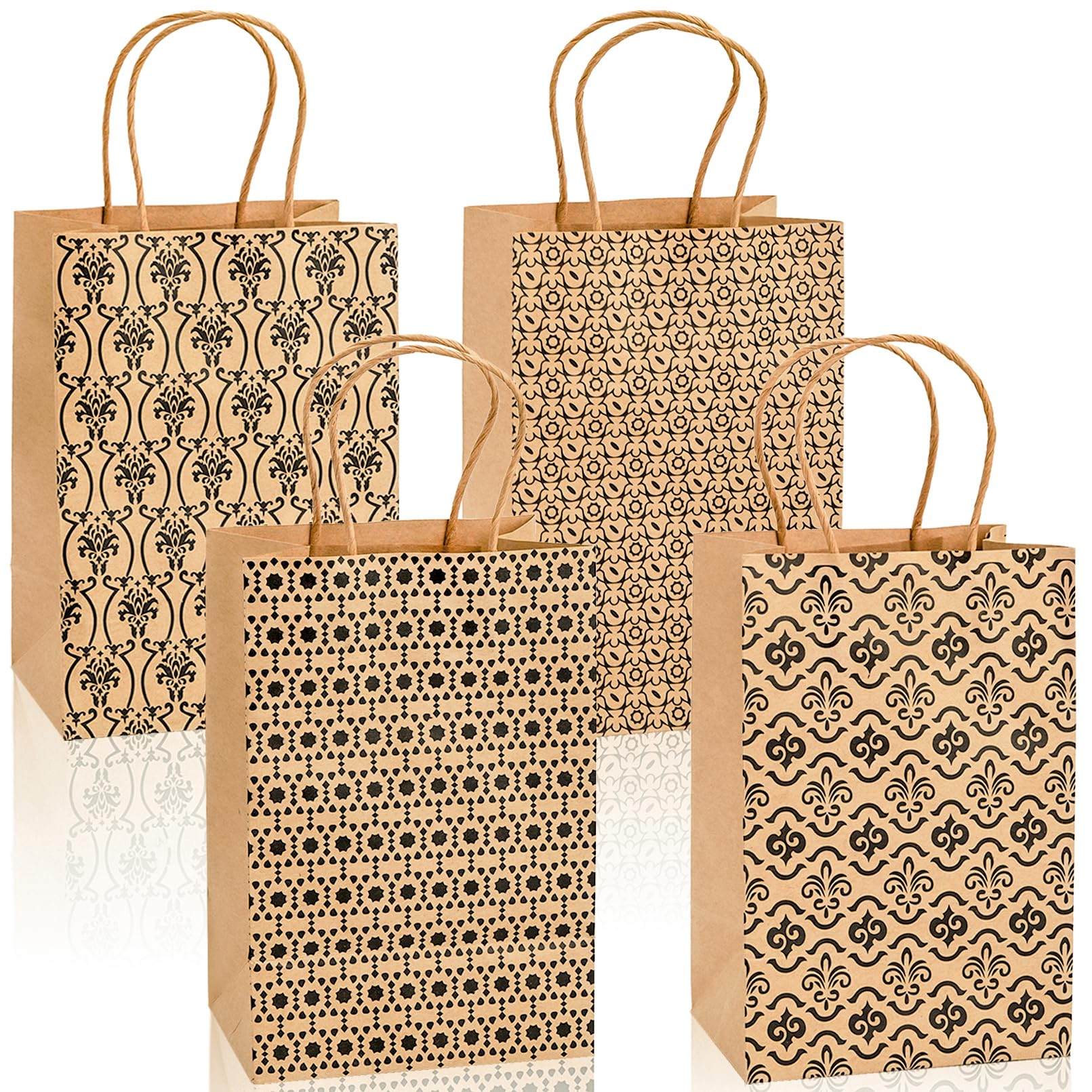 Elsjoy 100 Pack Small Kraft Paper Bags with Handles, 5 x 8 Brown Paper Gift Bags Kraft Party Favor Bags, Vintage Paper Goodie Bags for Wedding, Party Supplies, 4 Styles