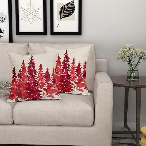 Miniatura 7 de Juego de 2 fundas de almohada de árbol rojo acuarela de 18 x 18 pulgadas, fundas de almohada decorativas de Navidad con temática de naturaleza,