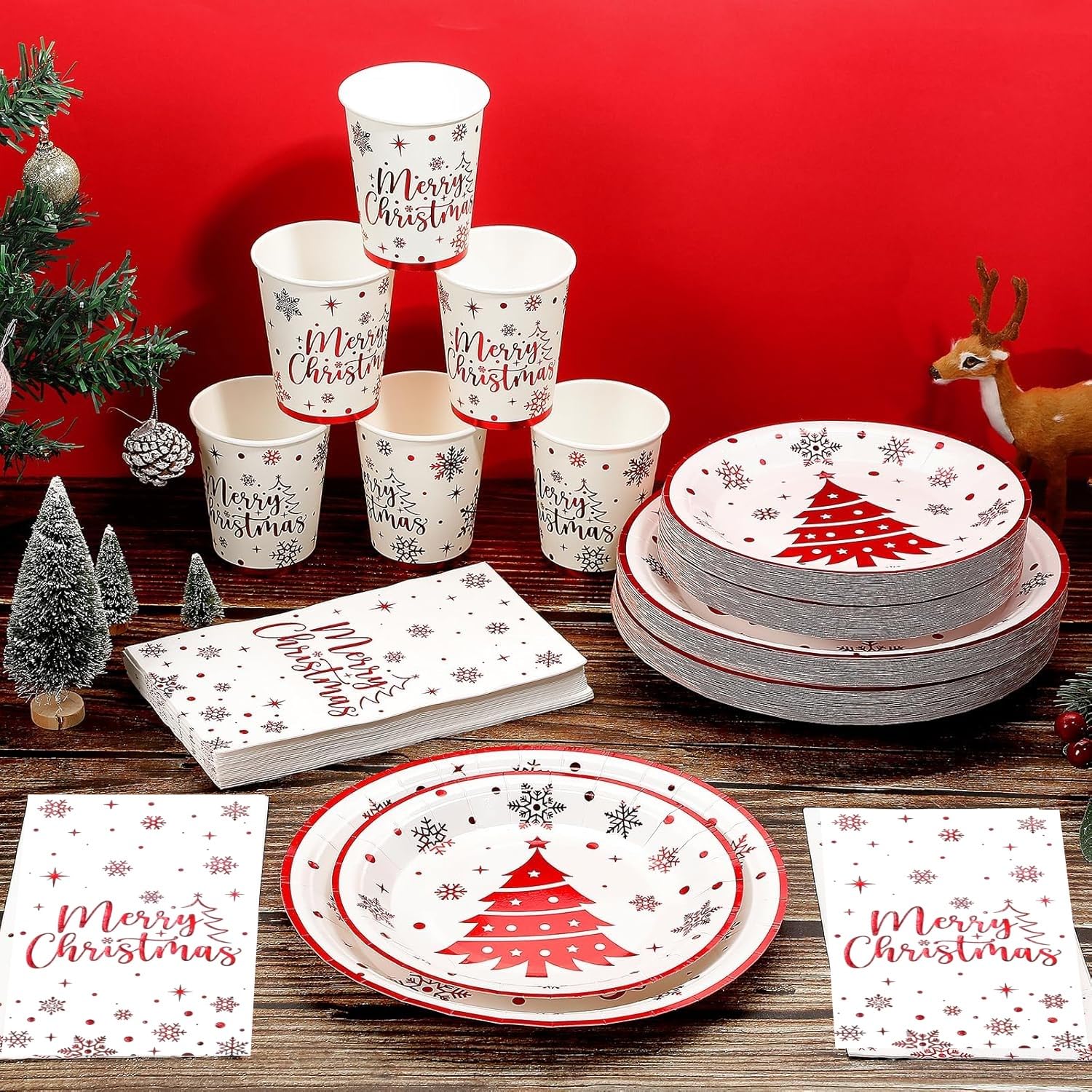 KAHEIGN 175Pcs Weihnachten Geschirr Set für 25 Personen, Papier Weihnachts Geschirrset mit 25Sets Speiseteller Salatteller Becher Servietten und wiederverwendbare Messer&Gabel&Löffel