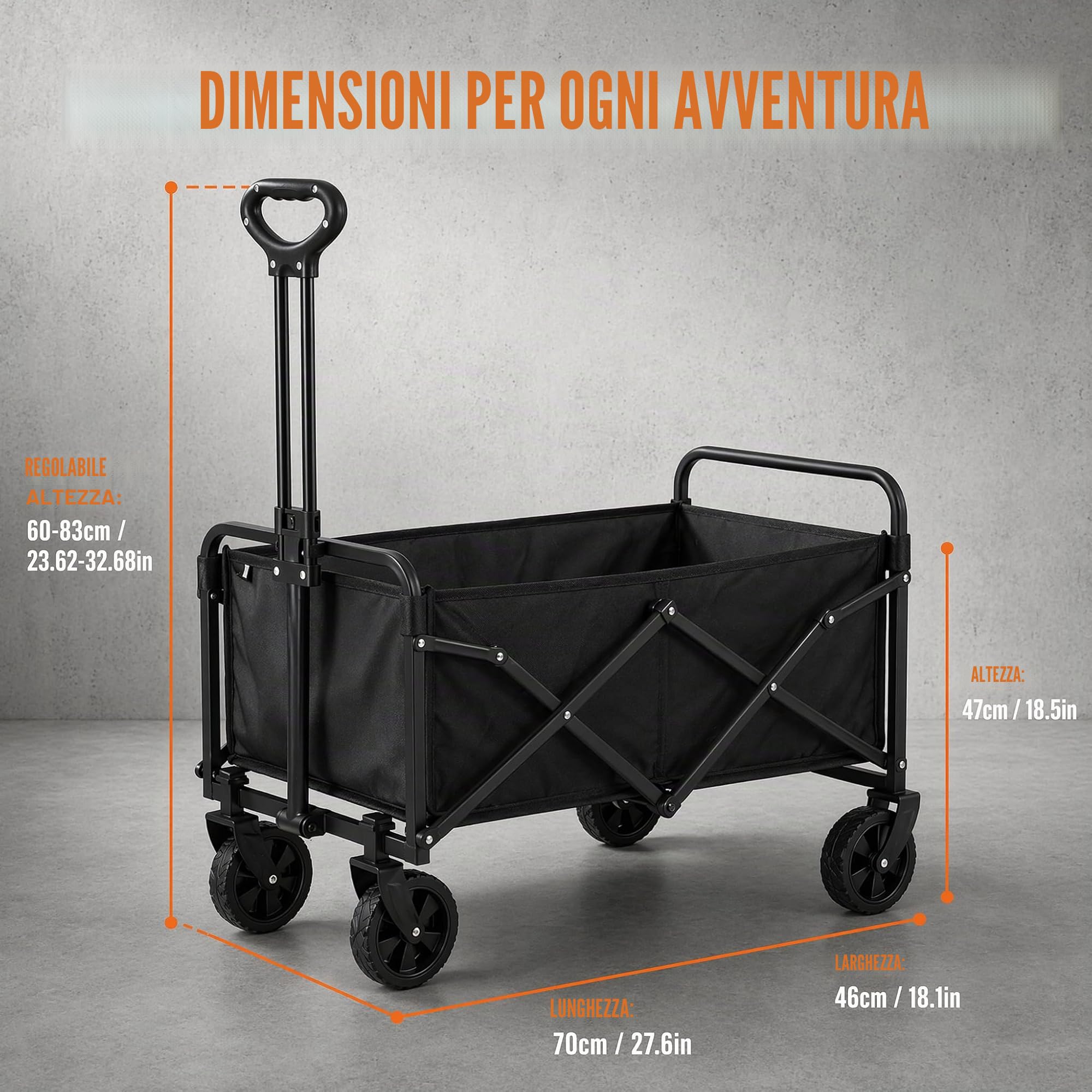 Carrello pieghevole resistente multiuso per esterni, portata 75 kg, carrello pieghevole con ruote per tutti i terreni e maniglia regolabile, per spiaggia, giardino, campeggio, shopping, veloce