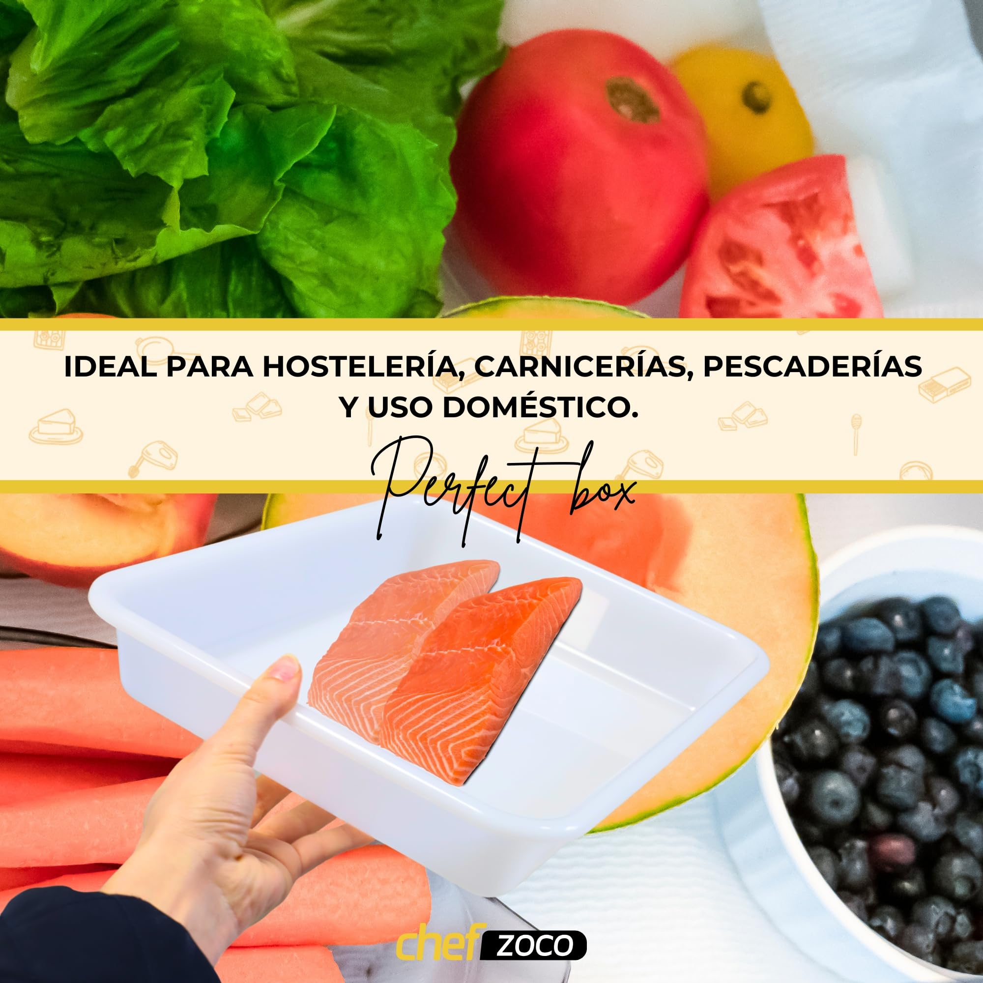 CHEFZOCO Bandeja para frigorífico, Bandeja para hostelería, Bandeja frigorífica para alimentos, Apta para contacto con alimentos, Medidas 35 cm Largo x 27.5 cm Ancho x 6 cm Alto, Plástico, Blanco