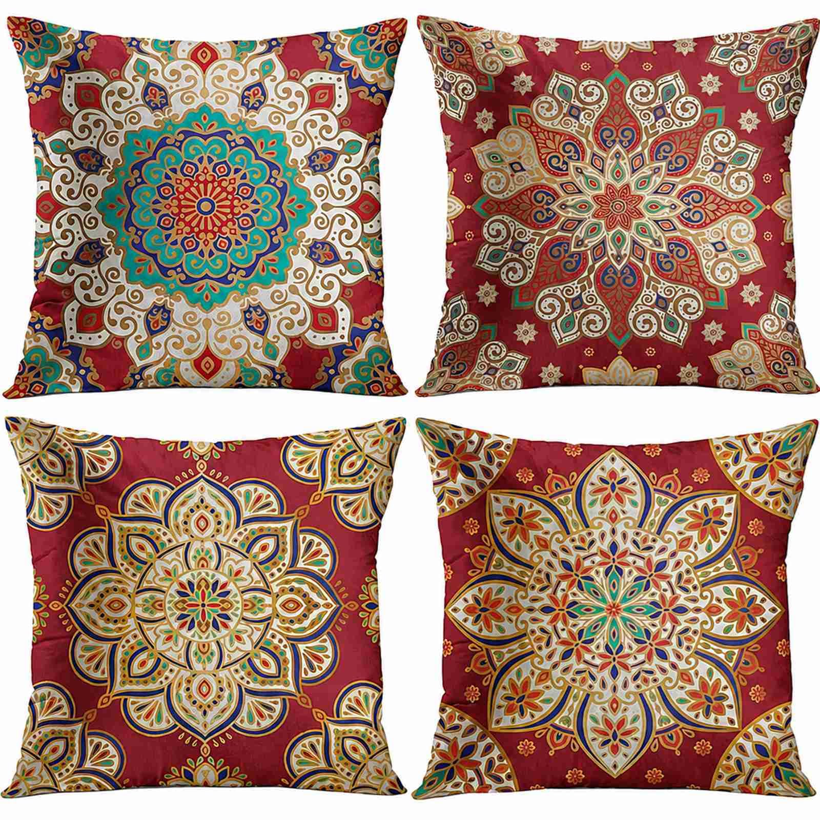 4 Pack 45x45cm Red Boho Mandala Cushion Covers for Sofa Chair Bedroom