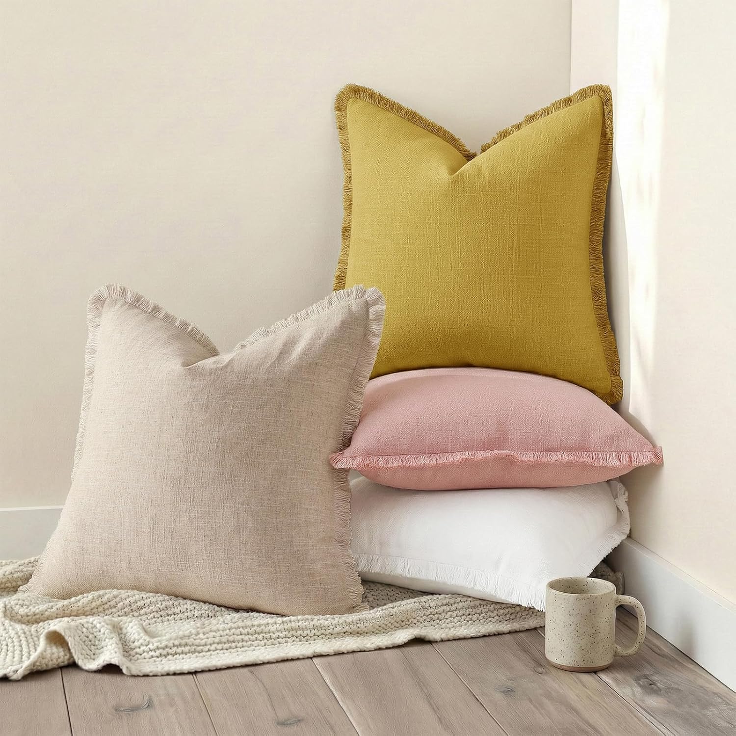 decorUhome Summer Decorative Neutral Linen Fringe Throw Pillow Covers Set of 2 Cream White Pillow Covers with Tassels Soft Farmhouse Boho Accent Pillow Cases for Couch Bed Sofa 18x18 Inch
