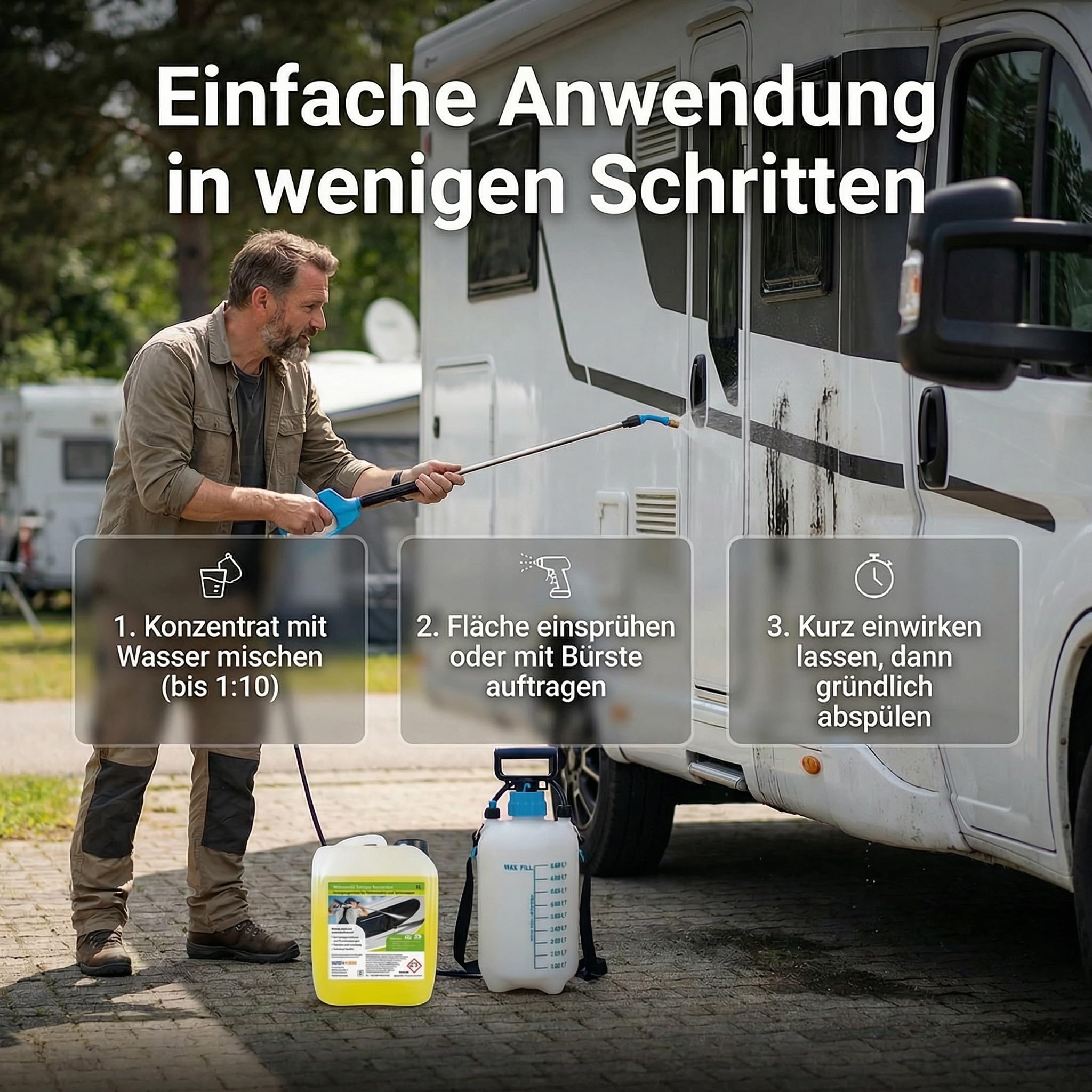 Richter Chemie Wohnwagenreiniger außen Konzentrat, Wohnmobil Außenreiniger & Caravanreiniger, 5L Kanister + Drucksprüher mit Lanze, bis 1:10 mischbar, ca. 50L