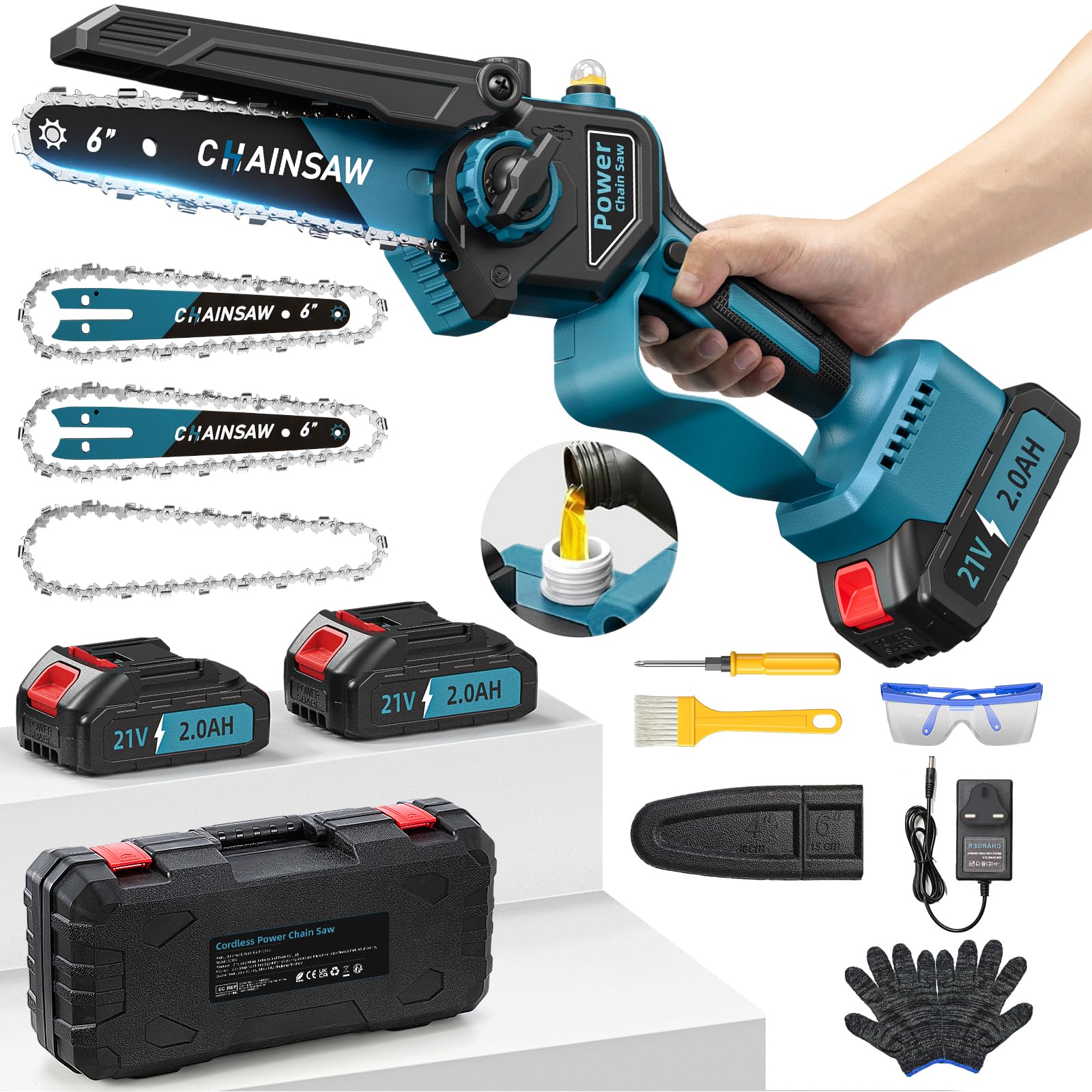 Mini Motosega a Batteria, 1000W Brushless Motosega Elettrica 6 Pollici con 2 x 2000mAh Batterie, Sega a Batteria per Potatura con Pompetta Olio, Potatore a Batterie per il Taglio del Legno Giardini