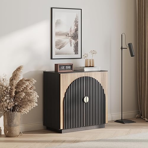 Miniatura 1 de BELLEZE Aparador modular acanalado con almacenamiento, mesa consola moderna de mediados de siglo con puertas arqueadas simétricas, elegante credenza