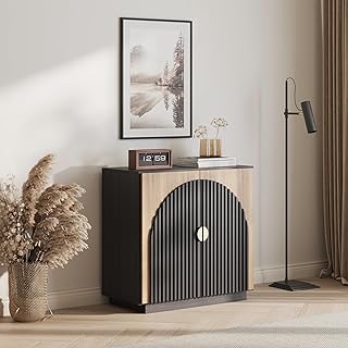 BELLEZE Modular Fluted Sideboard Buffet Cabinet with Storage, Mid-Century Modern Console Table with Symmetrical Arched Doors, Elegant Credenza for Dining Room, Kitchen, and Living Room, Camel