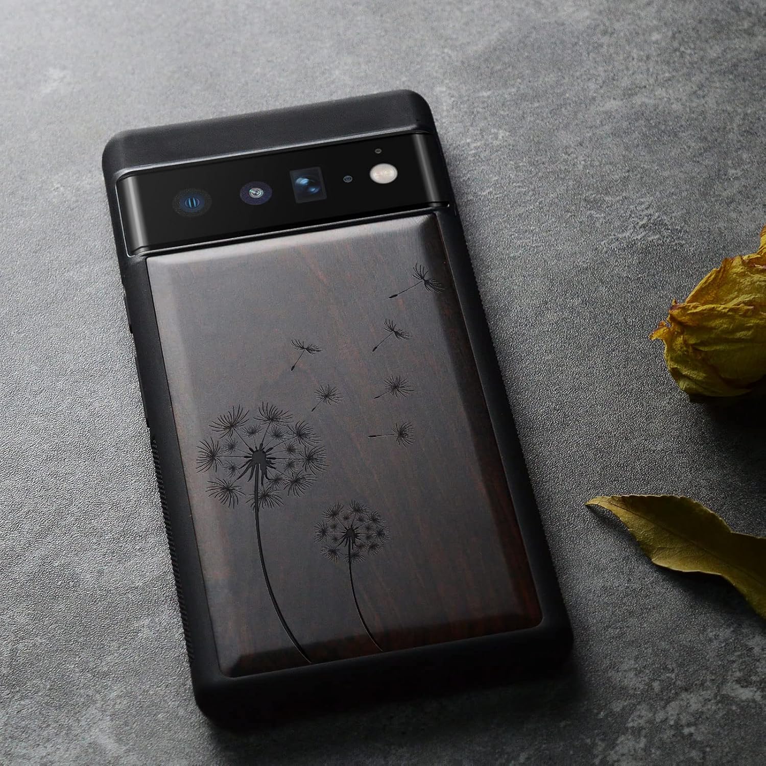 Carveit Wood Case for Pixel 6 Pro Case [Natural Wood & Black Soft TPU] Shockproof Protective Unique & Classy Wooden Cover Compatible with Google Pixel 6 Pro (Dandelion-Blackwood)