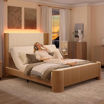 Oak Wood Grain Finish Adjustable Full Bed Frame with Headboard | Nightlight, Head Incline, Rounded Wingback, Extra Thickened Panels, Remote Control, Quiet Motor, Corduroy & Leather