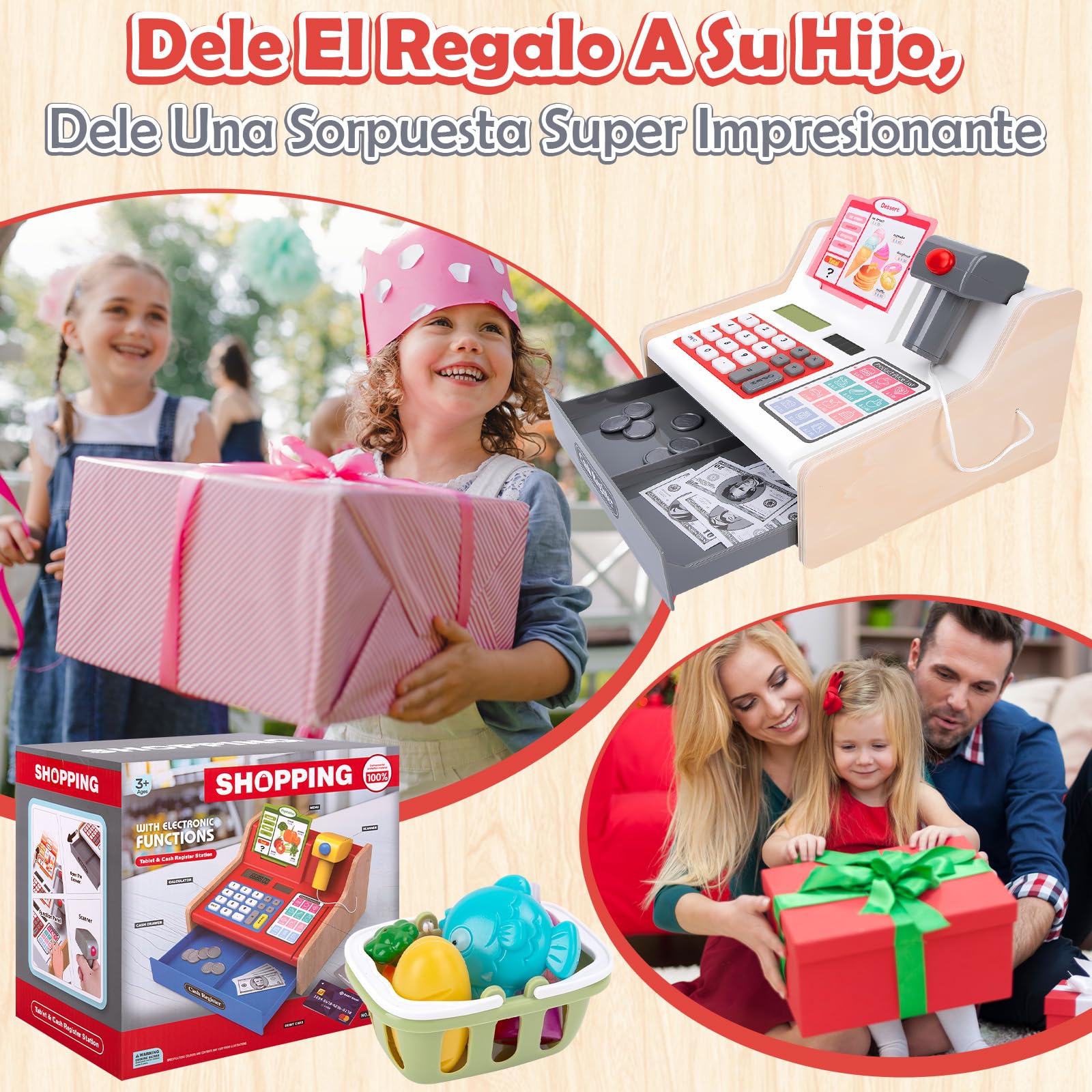 JONRRYIN Caja Registradora Juguetes para Niños, Máquina Registradora Juguete con Escáner Calculadora Comida Dinero, Supermercado Juguete Regalo para Pequeña 3 4 5 6 7 Años (Blanco)