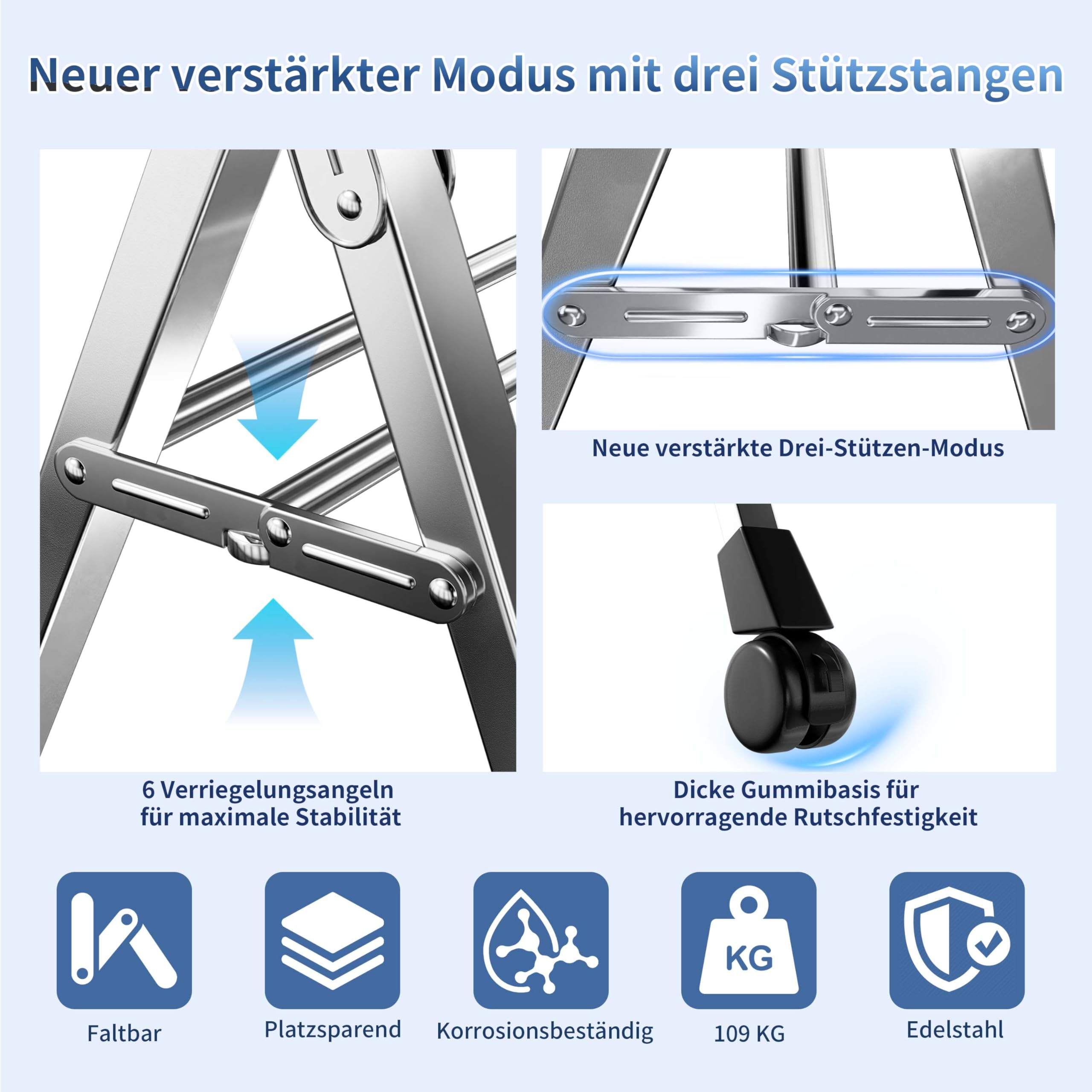 Wäscheständer 240 cm, Faltbarer Kleiderständer für drinnen und draußen, Wäscheständer zusammenklappbar, Wäscheständer aus robustem Edelstahl, Kleiderständer mit 20 Haken und 12 Klammern (240cm)