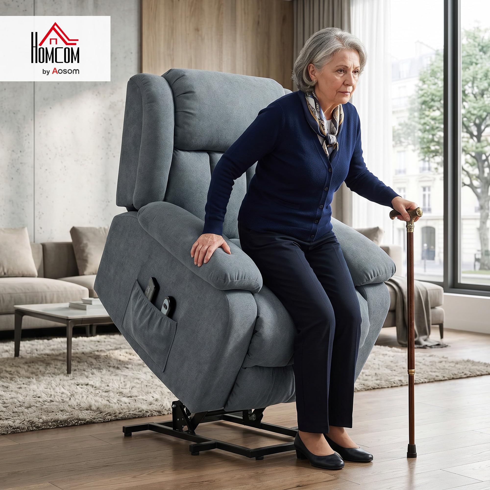 HOMCOM Poltrona Elettrica Alzapersona Reclinabile 135° Seduta Ampia Grigio | , Poltrona Relax in Tessuto Effetto Lino per Anziani, 8 Punti Massaggio Vibrante, Telecomando, Poggiapiedi, Tasche Laterali