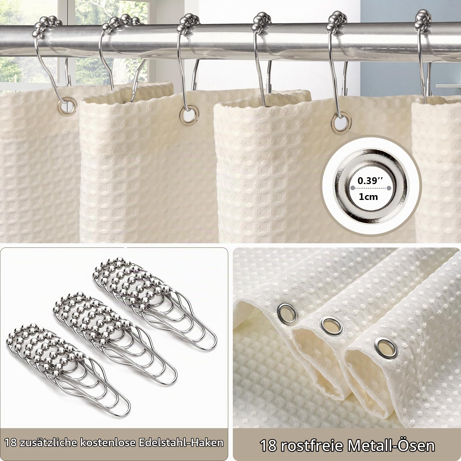 VANZAVANZU Waffel Duschvorhang mit Metall Duschvorhangringe Stoff Textil Badewannenvorhang Anti Schimmel Bad Vorhang Set Wasserdicht Schwerer Badewanne Vorhang - 275 x 182cm (Creme)
