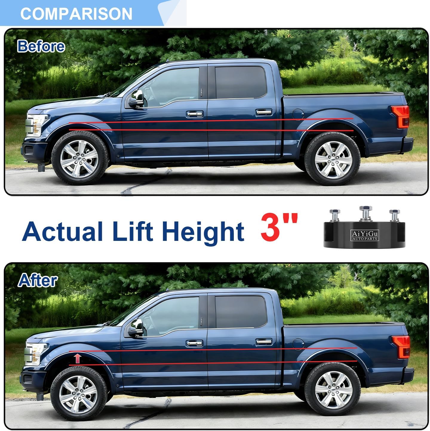 3 Inches Front & 2 Inches Rear Leveling Kit Compatible with 2005-2023 Toyota Tacoma 2WD/4WD, 3'' Front Struct Spacers & 2'' Rear Lift Blocks Kit Extended Square U-Bolts, 3"+2" Height