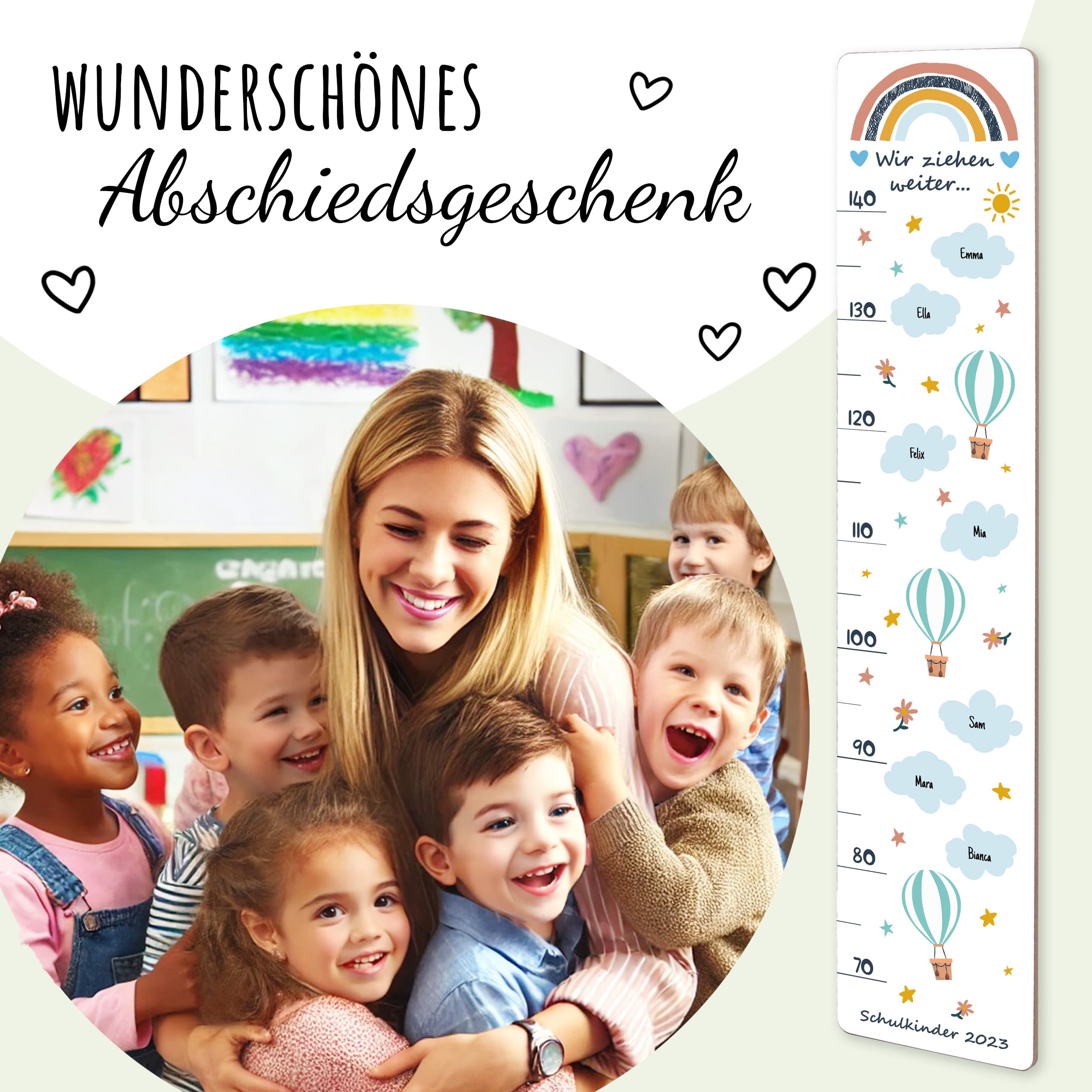 Holzura Messlatte aus Holz Personalisierbar mit Kindernamen, Wolken Design, Abschiedsgeschenk für Erzieher