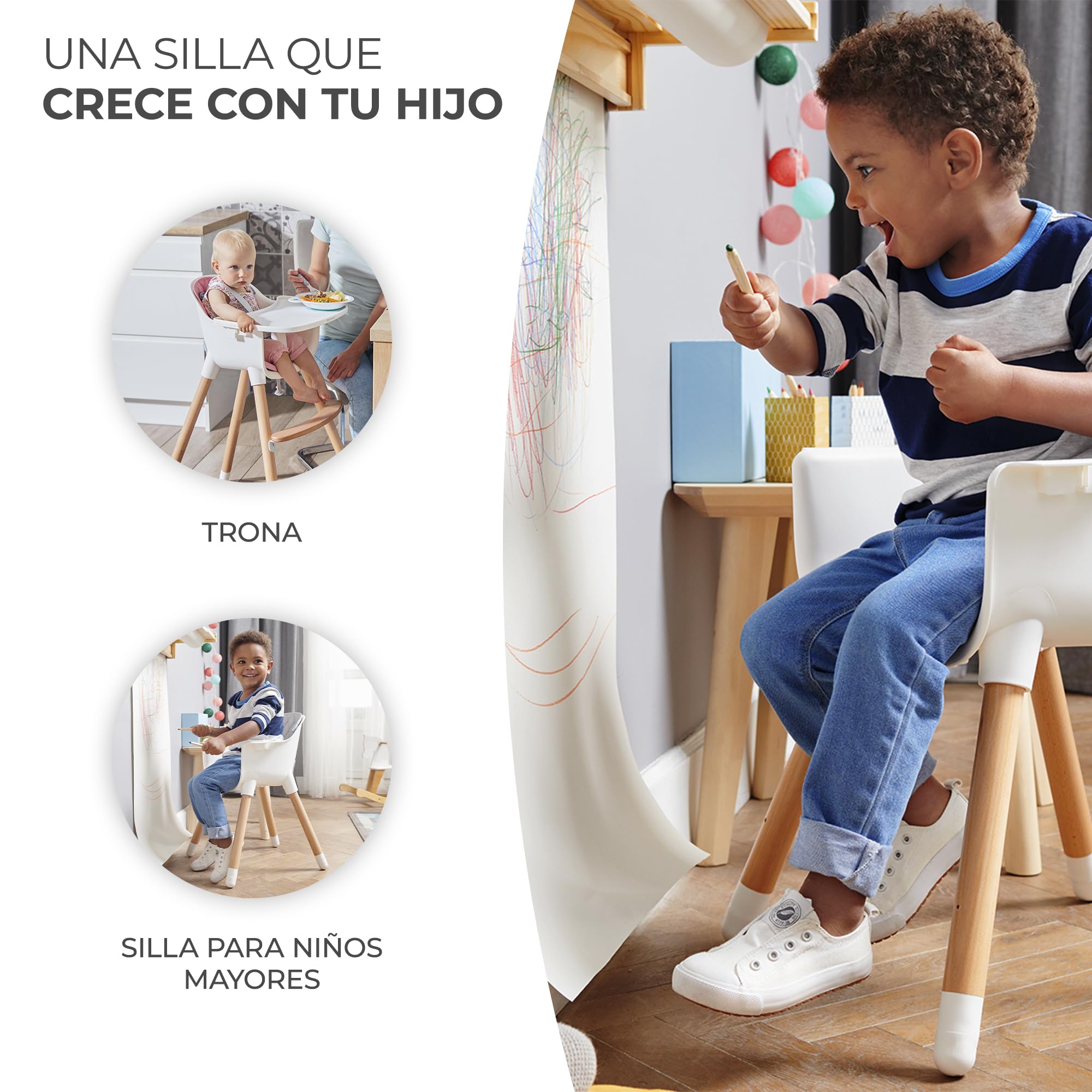 kk Kinderkraft Trona Bebé 2 en 1 SIENNA, Silla Infantil, Bandeja Desmontable, Gris