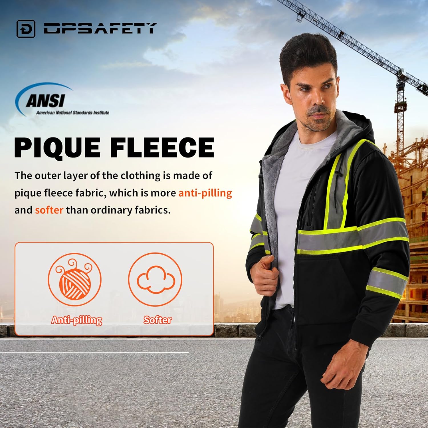 High visibility Hoodie for Men,Class3 Hi Vis Hoodie,Fleece Lined Reflective Hooded,Construction work Hi-Vis Safety Sweatshirt,Black XL - Image 5