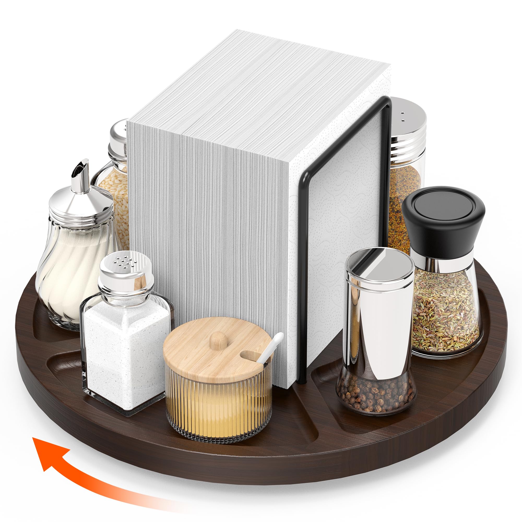 Photo 1 of *** MISSING PARTS **** FODIENS Napkin Holder for Table, Rotating Napkin Dispenser with Salt and Pepper Shakers Storage, Standing Paper Napkin Organizer for Kitchen Dining Table Decor (1, Brown Round)