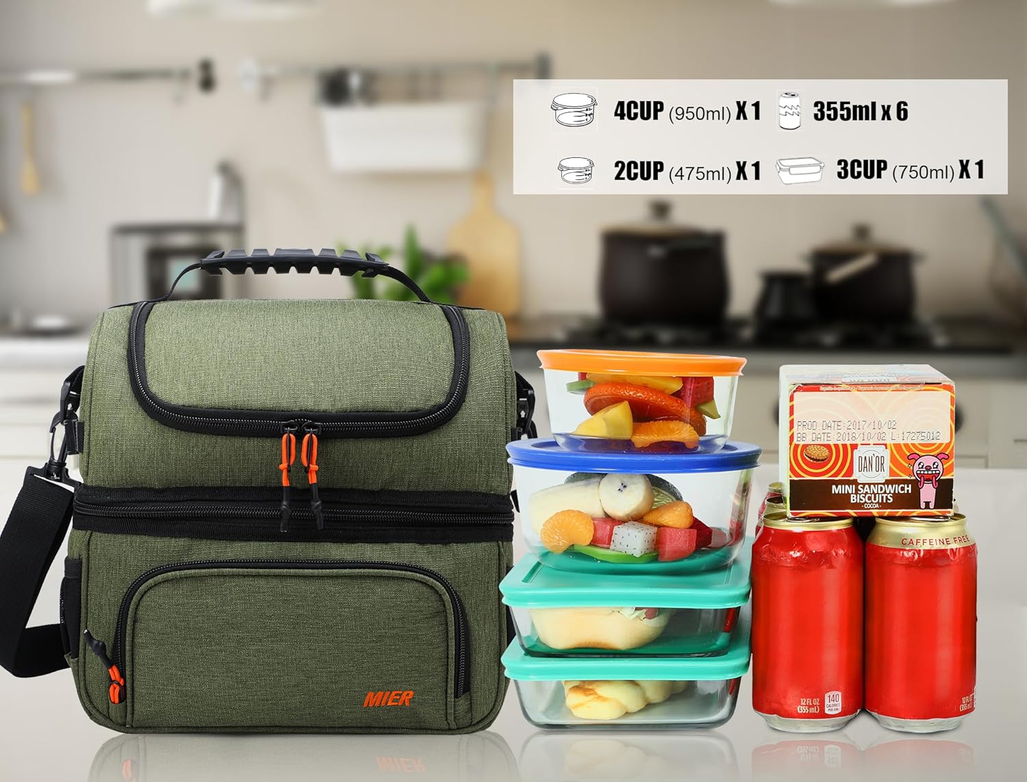 MIER Dual Compartment Lunch Bag Tote with Shoulder Strap for Men and Women Insulated Leakproof Cooler Bag, Army Green - Image 8