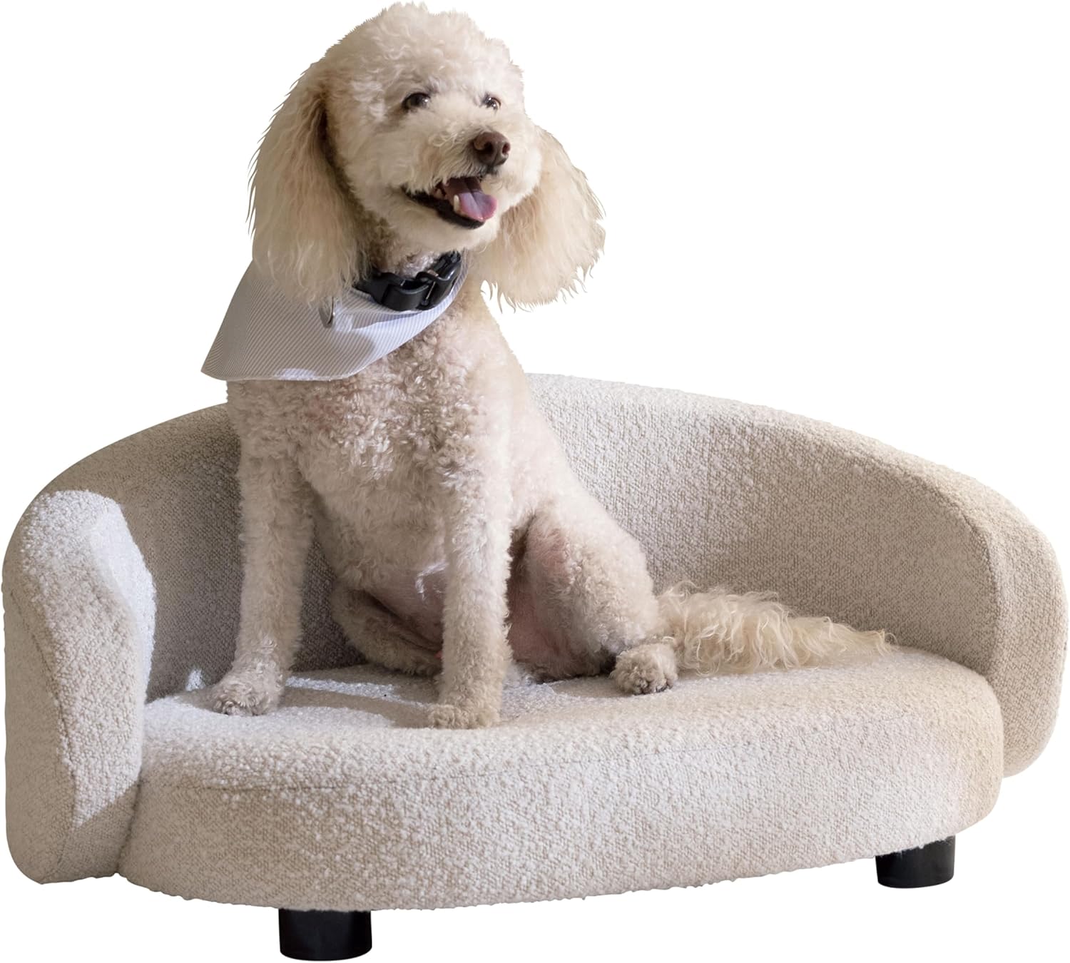 Paws & Purrs Arc Crescent Back Sofa Style Pet Bed, Dog & Cat Modern Couch with Tufted Cushion & Armrest, Stylish Indoor Pet Furniture, Boucle Ivory
