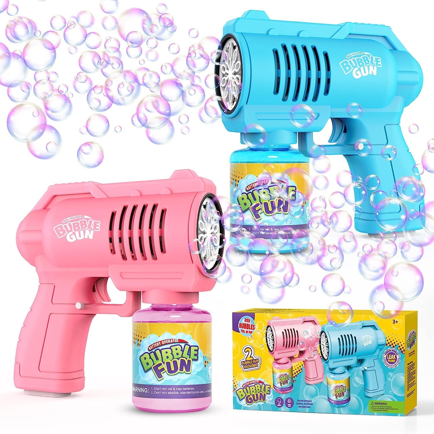 Bombble 2 pistolas de pompas de jabón, máquina de burbujas para niños, 4000 burbujas/minuto con solución de burbujas de 130 ml, regalo para niños/cumpleaños/fiesta, pistola de burbujas