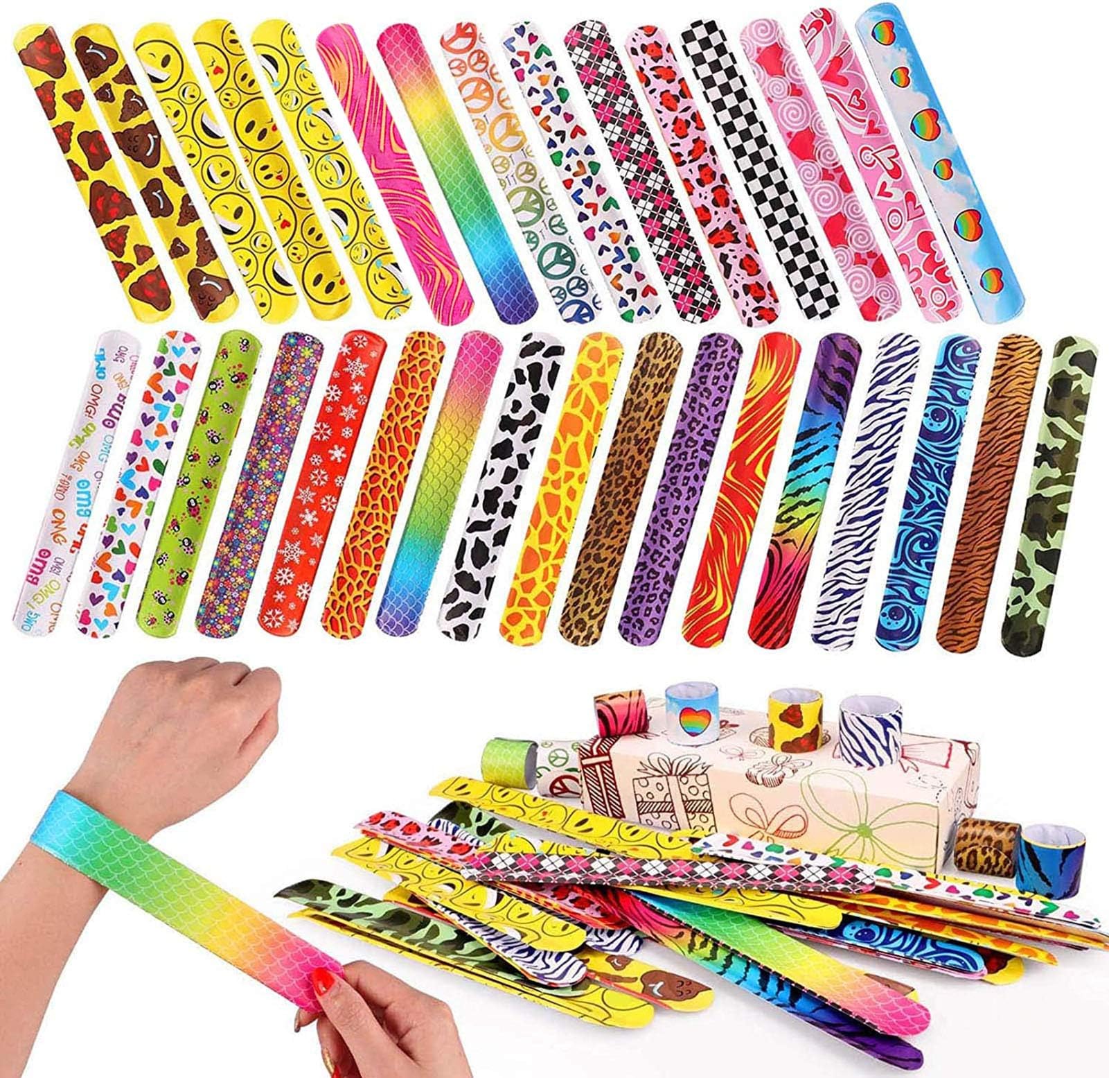 Toyssa 100 PCS Slap Bracelets Party Favors with Colorful Hearts Animal Print Design Retro Slap Bands for Kids Adults Birthday Classroom Gifts (100PCS)