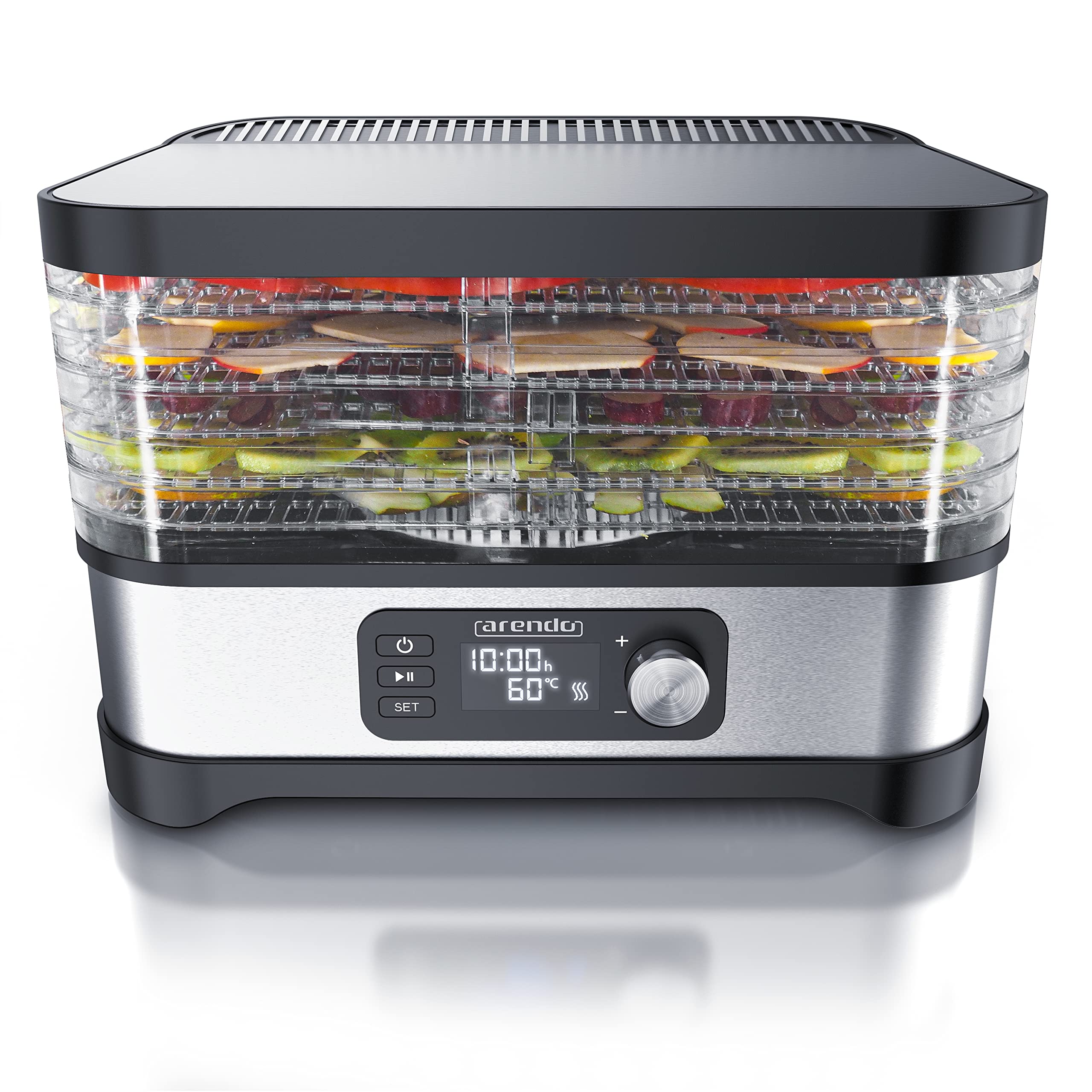 Arendo - Essiccatore con regolatore di temperatura 400 W - disidratatore in acciaio inox per alimenti, carne, frutta e verdura - con timer fino a 24 h - 35-70 gradi - 5 scomparti - GS - Disidratatore