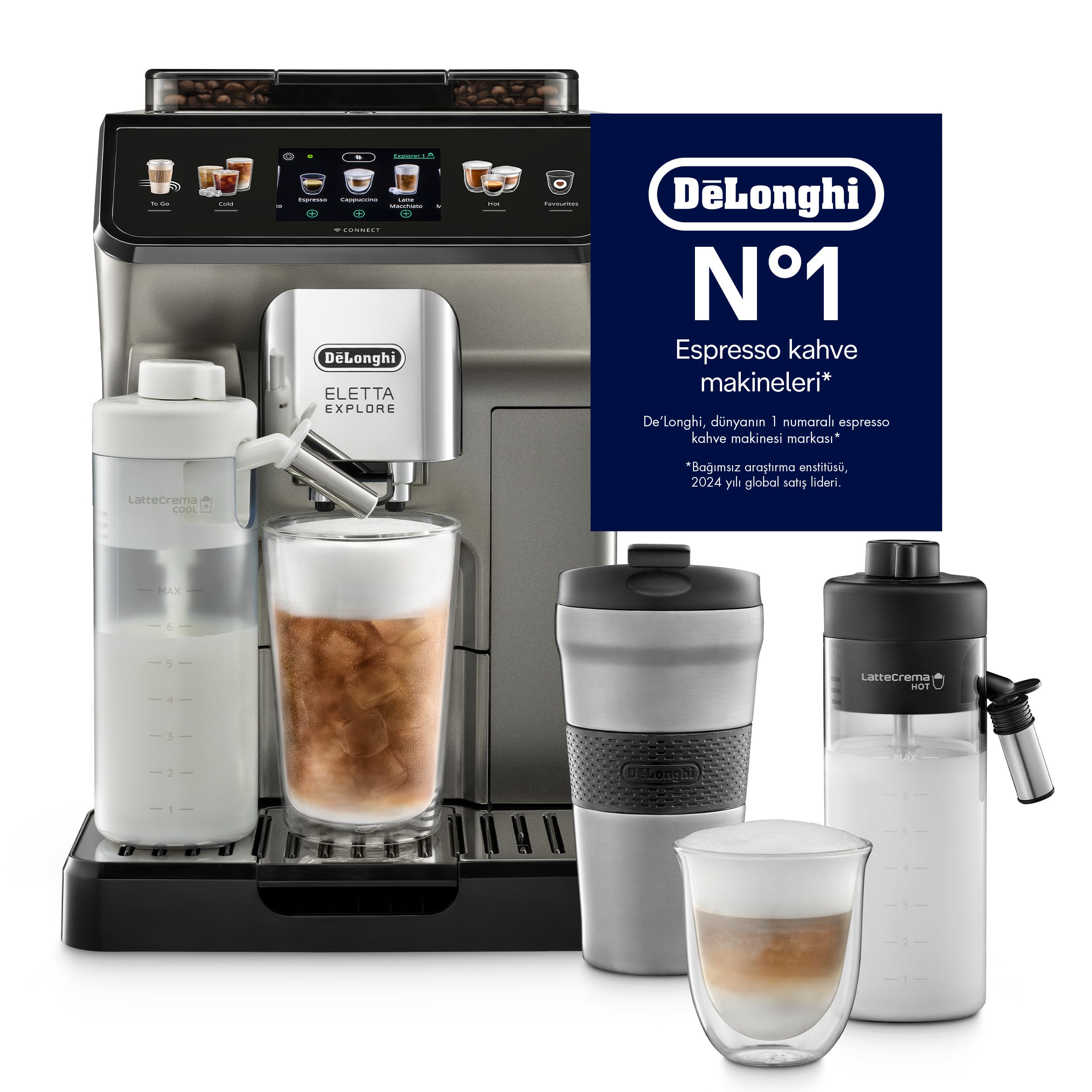 Eletta Explore Bean to Cup coffee machine with Latte cream Hot and cool Technology, Cold extraction technology, with 3.5"TFT display and soft control, wifi connectivity-Titanium,ECAM450.86.T