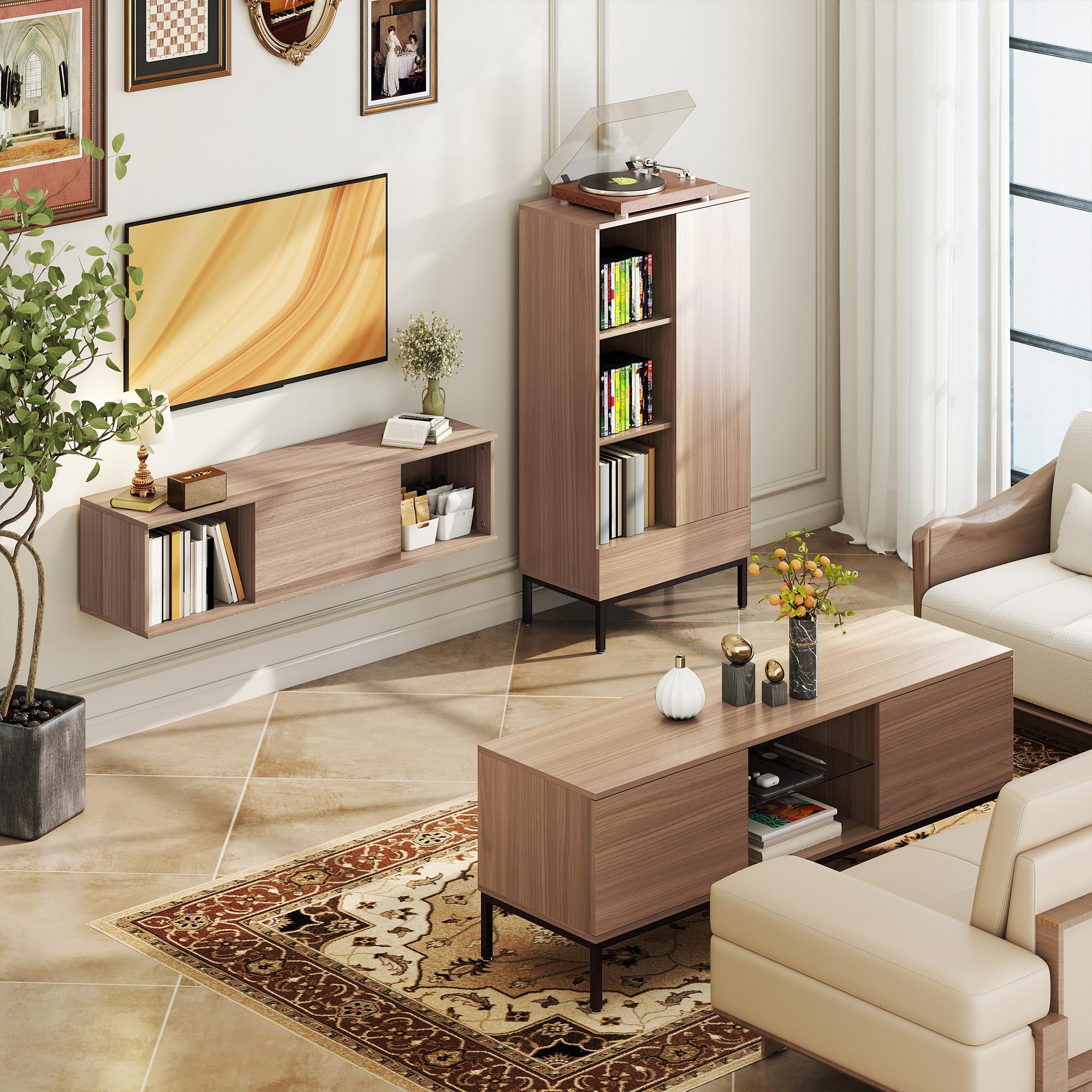 HOMCOM Mueble de TV Moderno Mueble de TV para Salón con 2 Compartimentos Abiertos 2 Puertas Estante de Cristal Ajustable y 2 Orificios para Cables para Televisión hasta 60 Pulgadas 140x40x49,5 cm Gris