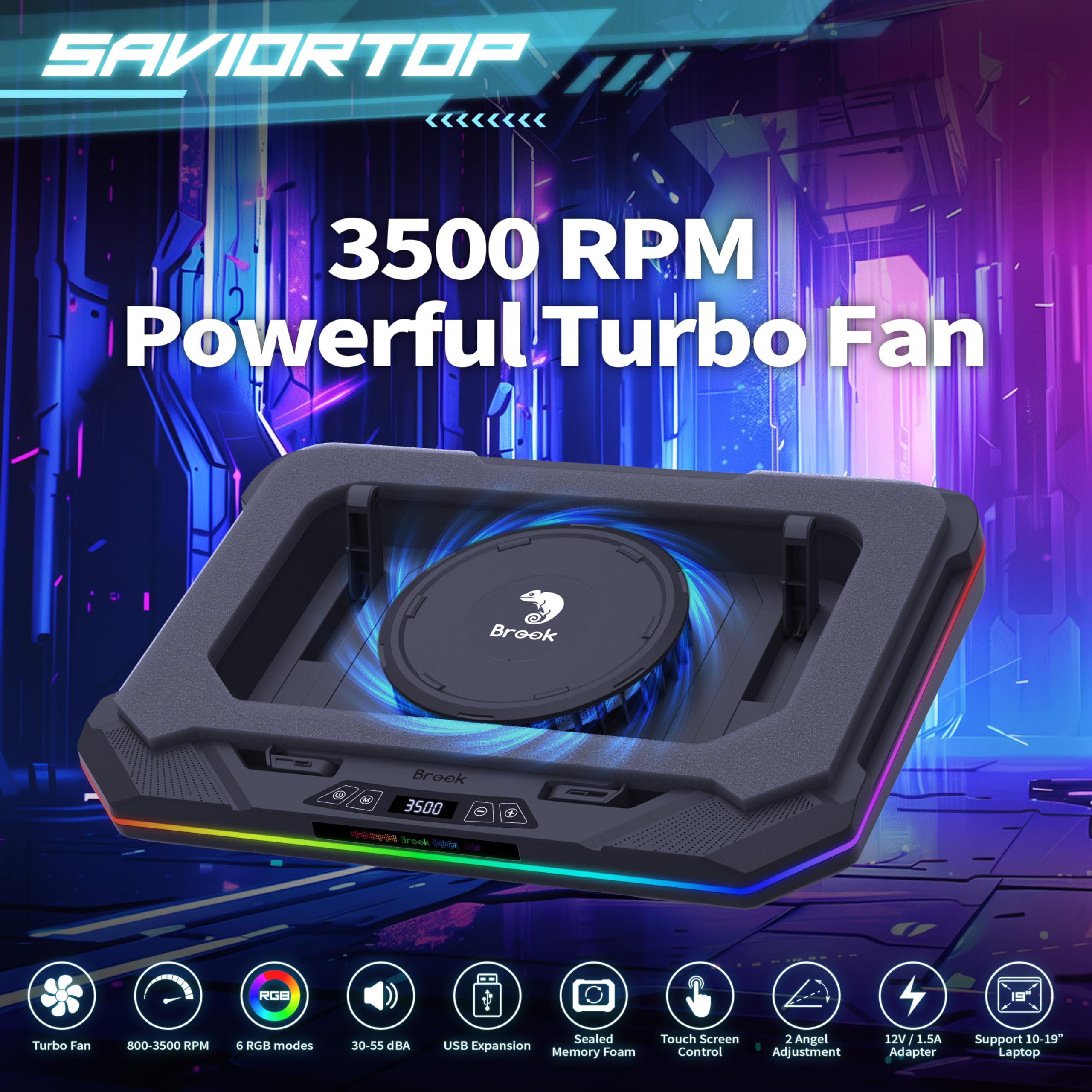 Brook Saviortop - Enfriador de laptop para juegos, almohadilla de refrigeración IC Core con ventilador turbo avanzado, enfriamiento rápido para portátiles de 10 a 19 pulgadas, velocidad ajustable,