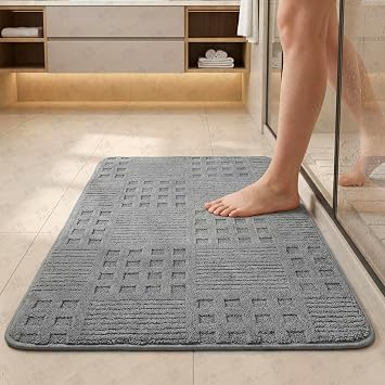 24" x 17"Thickened Non-Slip Bath Mat, Ultra Absorbent Quick Dry Bathroom Rug with Enhanced Rubber Backing, Plush Microfiber Floor Carpet for Bathroom, Machine Washable & Durable Waffle Grey