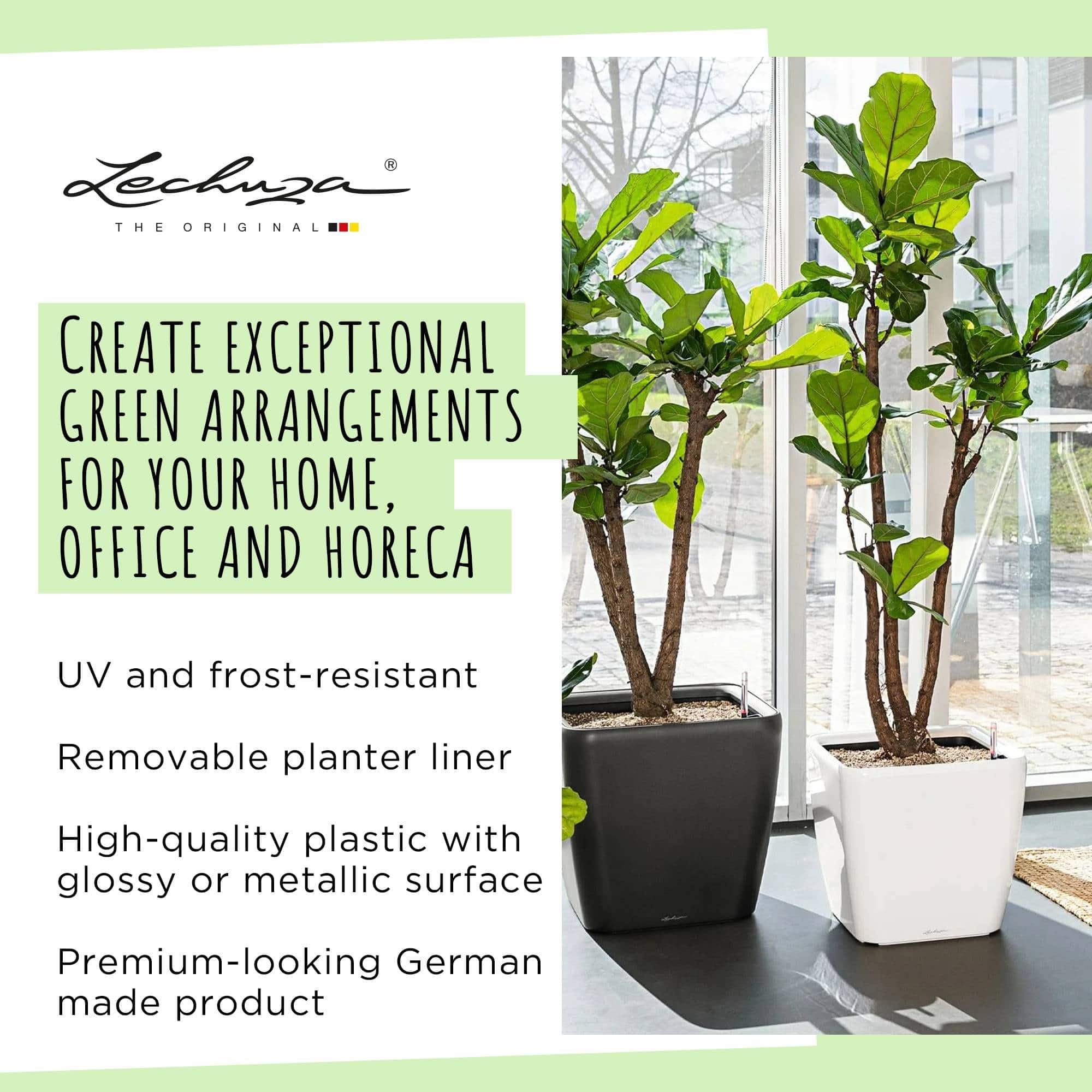 LECHUZA QUADRO LS 50 - Vaso da fiori autoinnaffiante, grande da giardino, per interni ed esterni, con foro di drenaggio e substrato per piante, Bianco lucido
