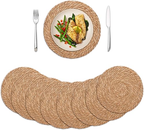 Miniatura 15 de Juego de 4 manteles individuales redondos tejidos de 13.7 pulgadas, manteles individuales bohemios de ratán rústico trenzado de mimbre para platos