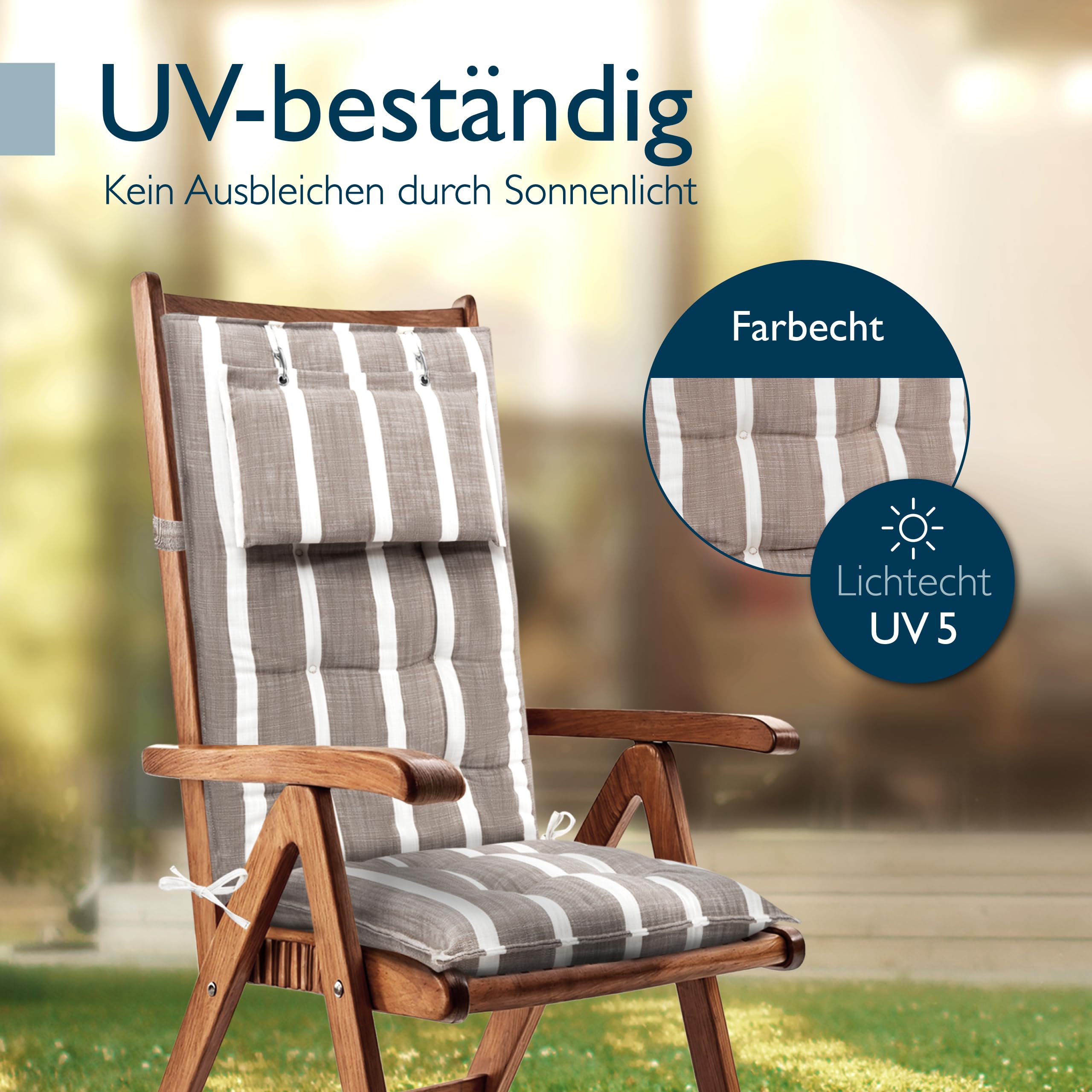 Beautissu Premium Cuscino Schienale Alto con Poggiatesta Sedia Giardino | 120x50cm spessore 8cm beige bianche a righe tessuto robusto resistente UV fissaggio antiscivolo Cuscini sdraio esterno Sun-HL