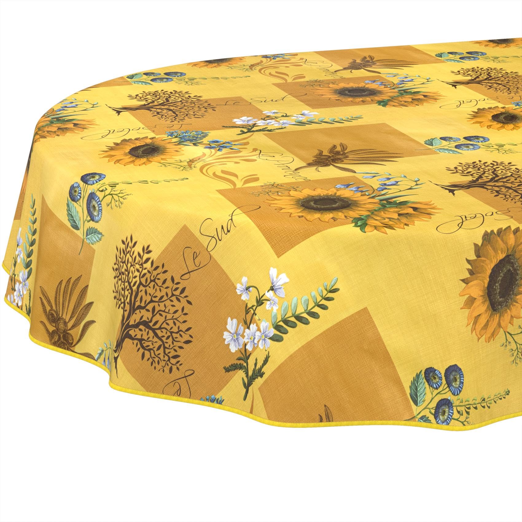 Oilcloth Tablecloth, Washable, Oilcloth, Easy Care, Water-Repellent, Lotus Effect, Garden Tablecloth, Sunflower, Oval, 160 x 140 cm, with Hem (Edged)