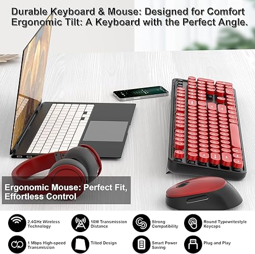 Vista 2 de Teclado y mouse inalámbricos, teclado retro COOFUN para máquina de escribir con teclas redondas, ergonómico de tamaño completo, ideal para PC