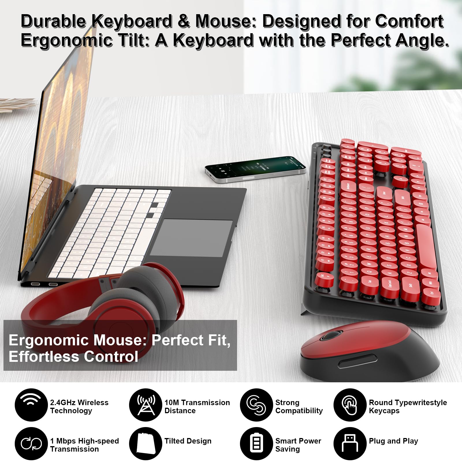 Wireless Keyboard and Mouse, COOFUN Retro Typewriter Keyboard with Round Keycaps, Full-Size Ergonomic, Ideal for Windows PC, Home, Office, and College Black and Red