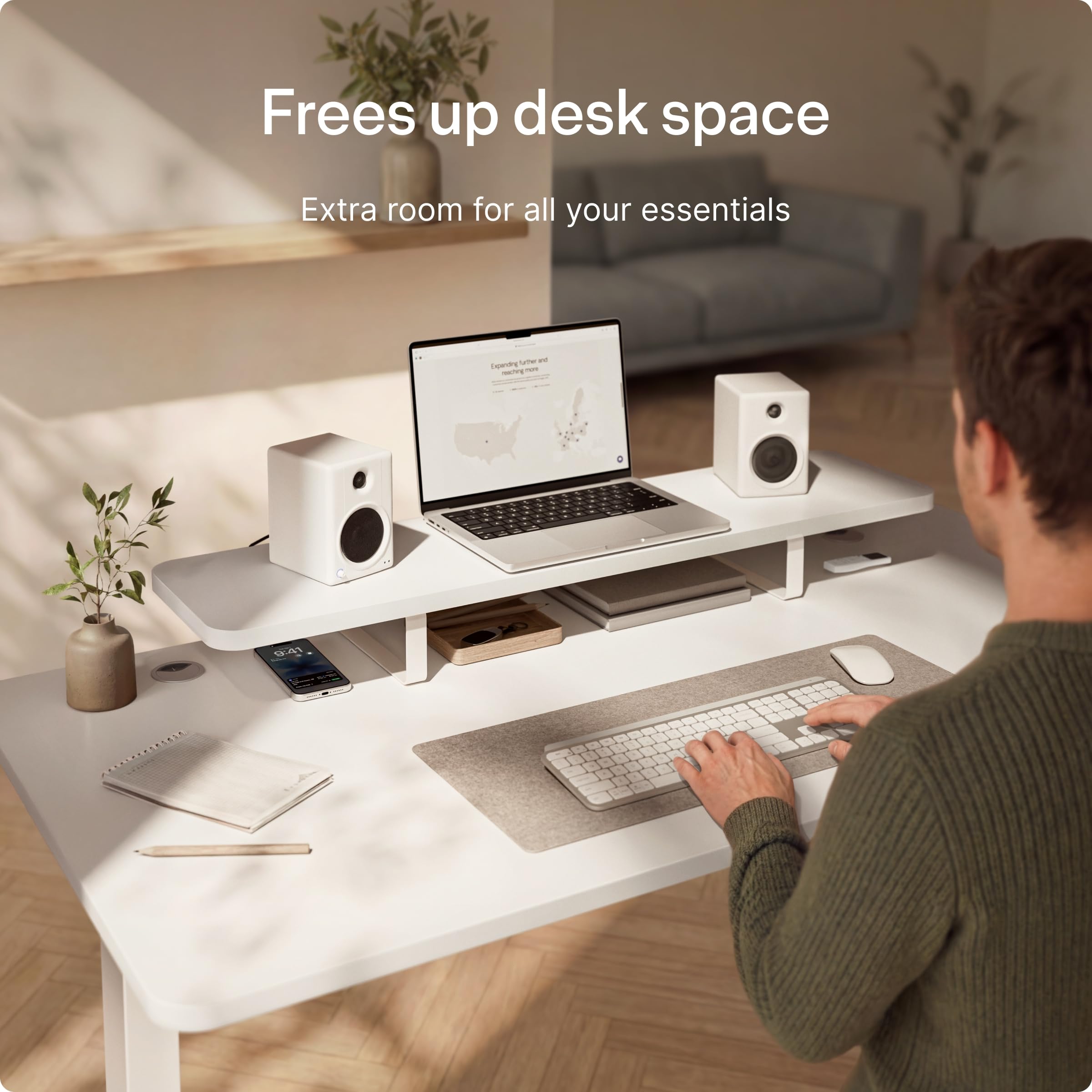 Desktronic Supporto Monitor, Mensola Scrivania per Monitor e Laptop, 114 x 28 x 12,8 cm, 25 mm Laminato Bianco e Gambe in Acciaio, 30 kg, Bianco