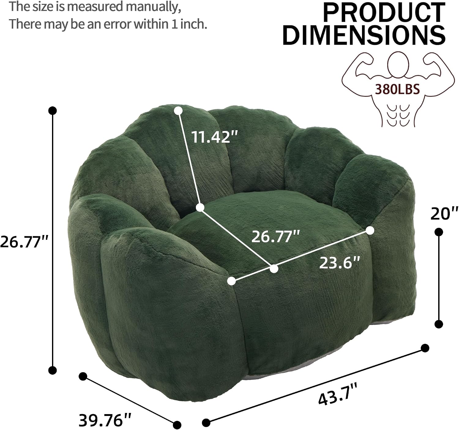 Lotus Petal Bean Bag Chair for Adults, Memory Foam Filled Lounge Sofa, No Assembly Compression Couch with Handle, Modern Floor Chair for Living Room Bedroom, Green