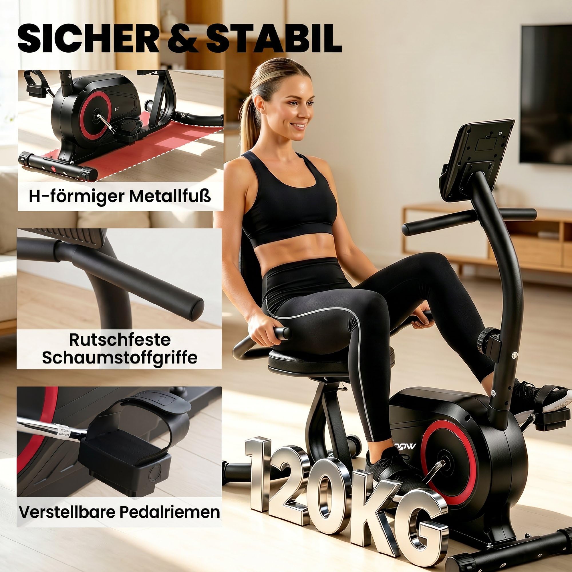 SPORTNOW Liegeergometer für Zuhause mit 8 verstellbar Widerstandsstufe Magnetbremse APP Pulssensor LCD-Display Verstellbar Fußriemen, Senioren Liegefahrrad Heimtrainer mit verstellbarer Rückenlehne