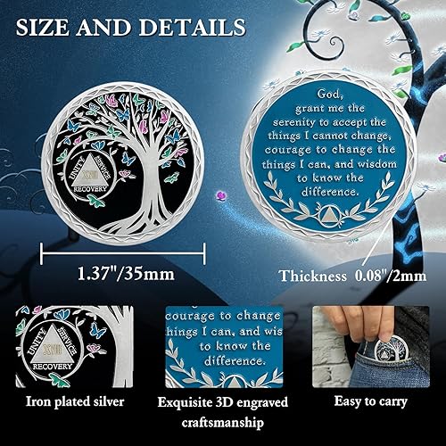 Miniatura 5 de Moneda de sobriedad de 12 años  Chip de sobriedad del árbol de la vida  Fichas AA de mariposa y medallones  Regalos de sobriedad para mujeres y