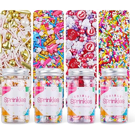Fancy Sprinkles Set 4 Colors, Heart Sprinkles, Sujoygar, 50g/Bottle, Sprinkles for Cupcake Decorating, Food Grade, Valentines Sprinkles, Sprinkles for Cookie Decorating