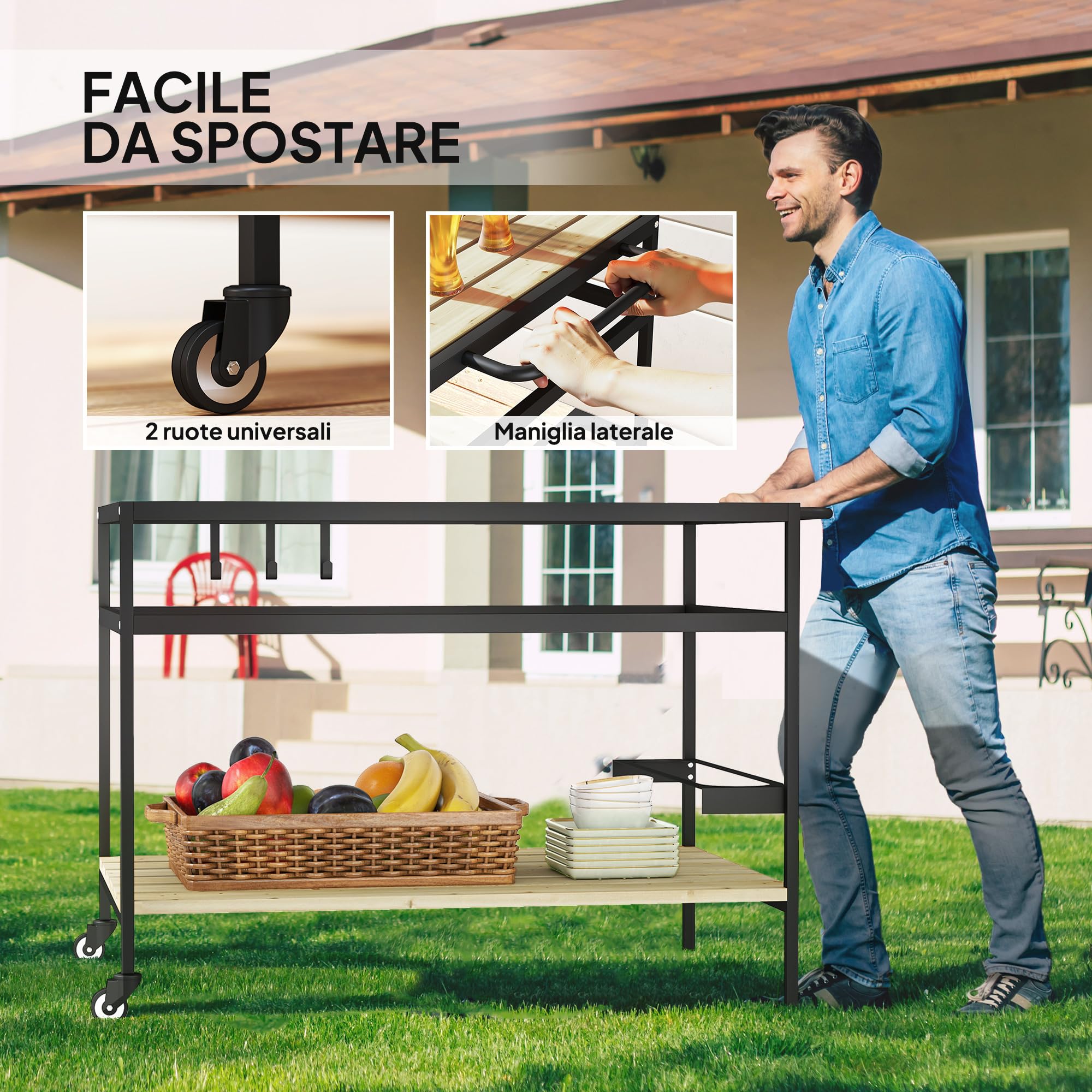 Outsunny Carrello Portavivande da Giardino in Legno di Abete 107x65x80 cm 2 Ripiani 3 Ganci
