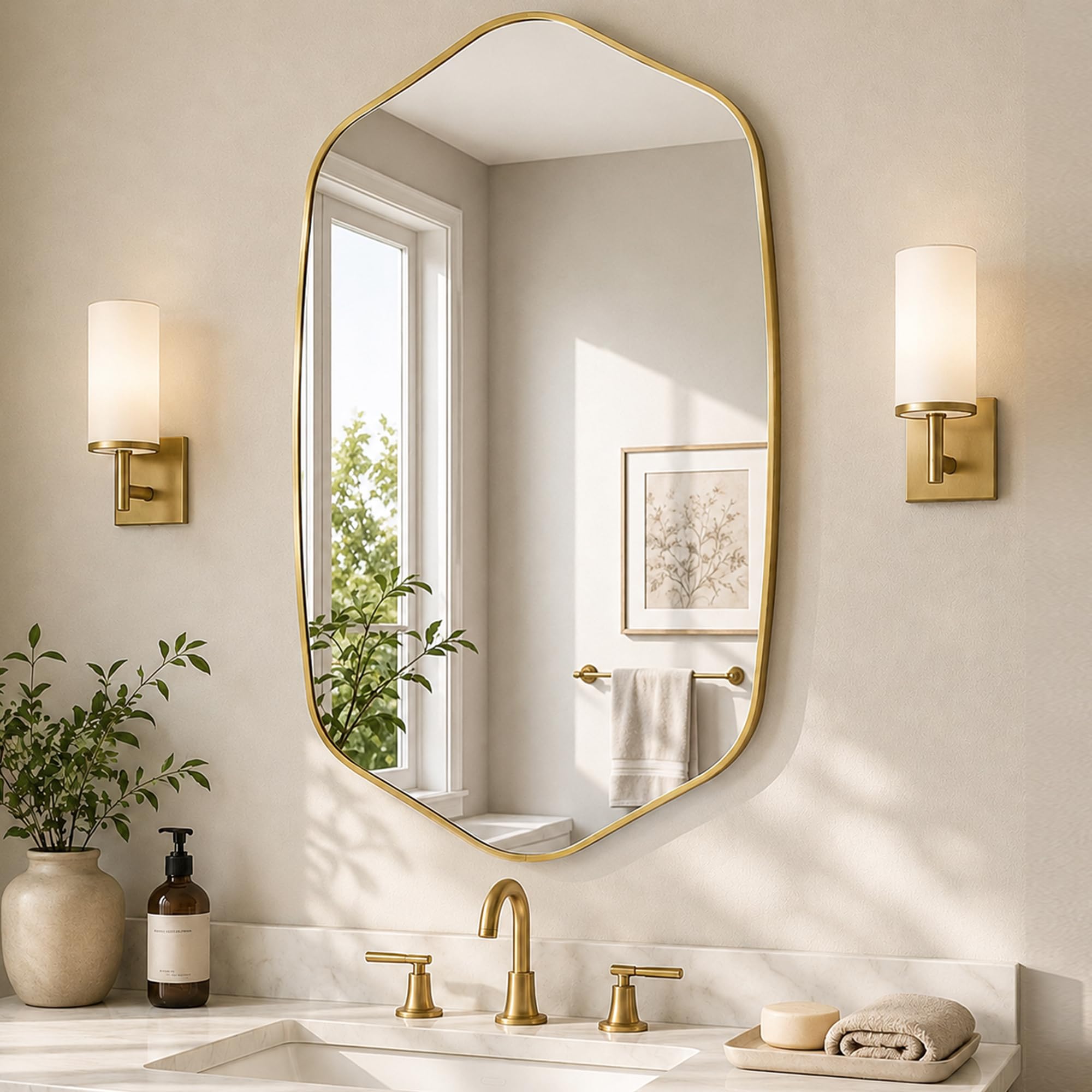 Pocetry Brushed Gold Pointed Arch Wall Mirror, 24X36 Inch