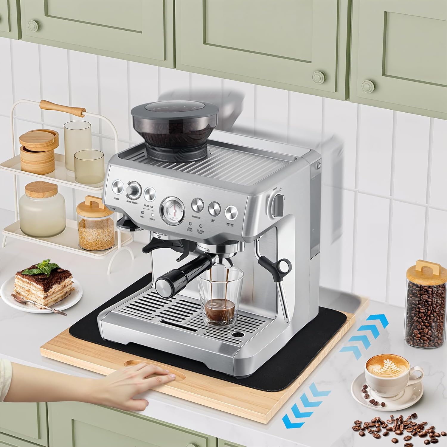 Appliance Slider 15.8" x 13" - Heavy Duty Wooden Rolling Tray for Coffee Maker, Sliding Tray with Absorbent Mat & Silent, Countertop Moving Stand for Air Fryer, Mixer, Kitchen Gadgets