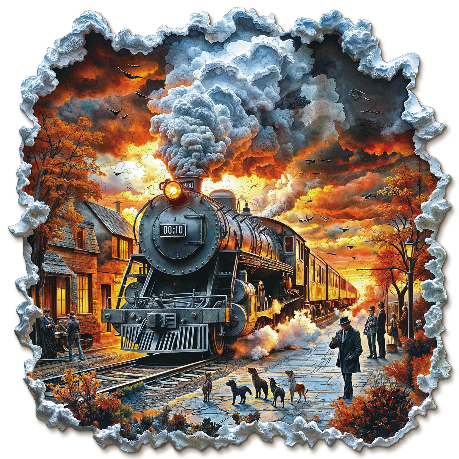 Blumuze Wooden Jigsaw Puzzles, 3D Retro Steam Train Wooden Puzzles For Adults, Unique Shaped Animal Wood Puzzles For Adults 14+ With Wood Gift Box 162pcs-S-21.5 * 21.4 cm