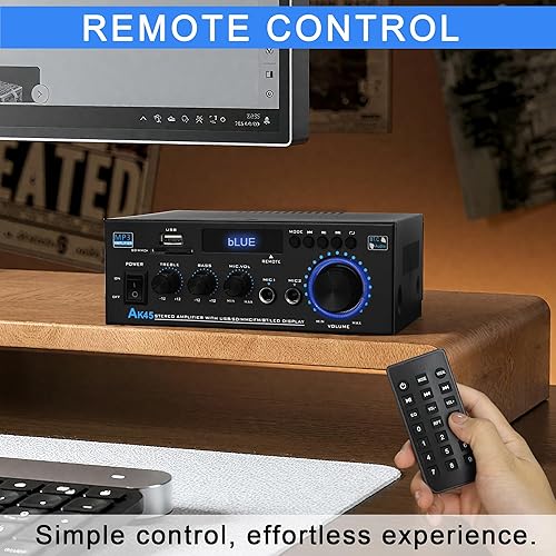 Miniatura 5 de AK45 Receptor estéreo Bluetooth y amplificador para audio doméstico, amplificador de alta fidelidad de 2 canales de 300 W x 2 canales con radio FM,